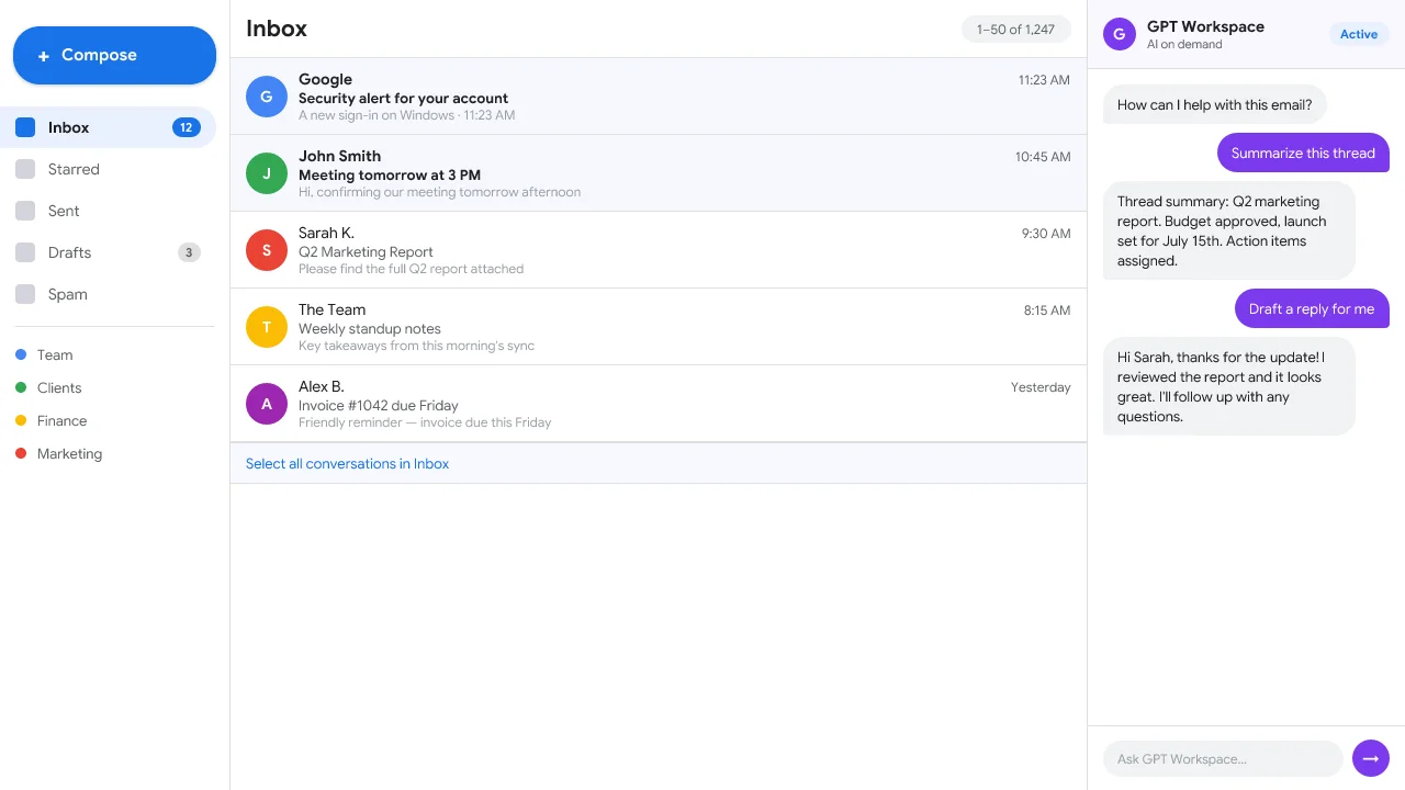 GPT Workspace ChatGPT sidebar open in Gmail, AI assistance on demand