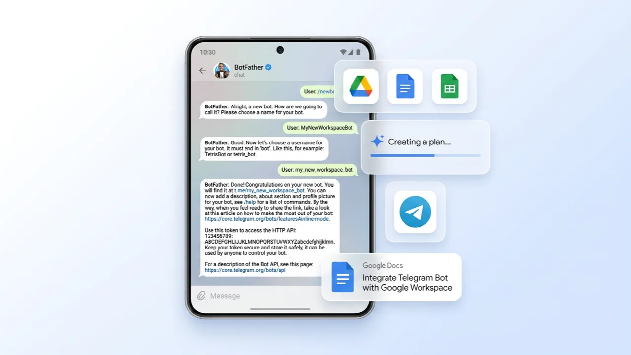 Telegram BotFather conversation creating a new bot with API token