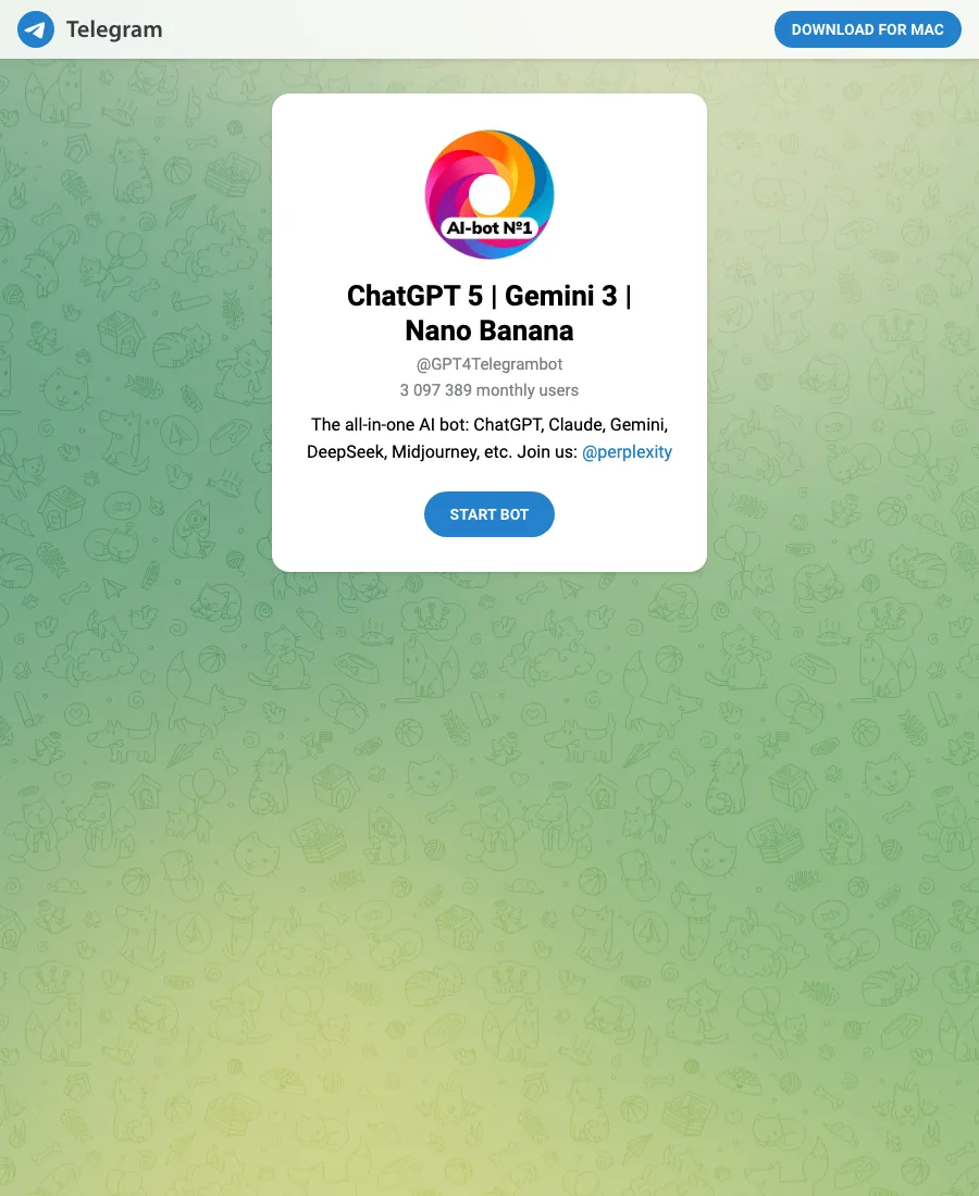 ChatGPT 5 third-party Telegram bot profile, not an official OpenAI bot