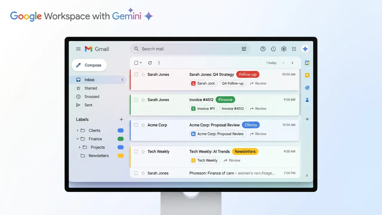 Gmail inbox with color-coded label chips on email threads