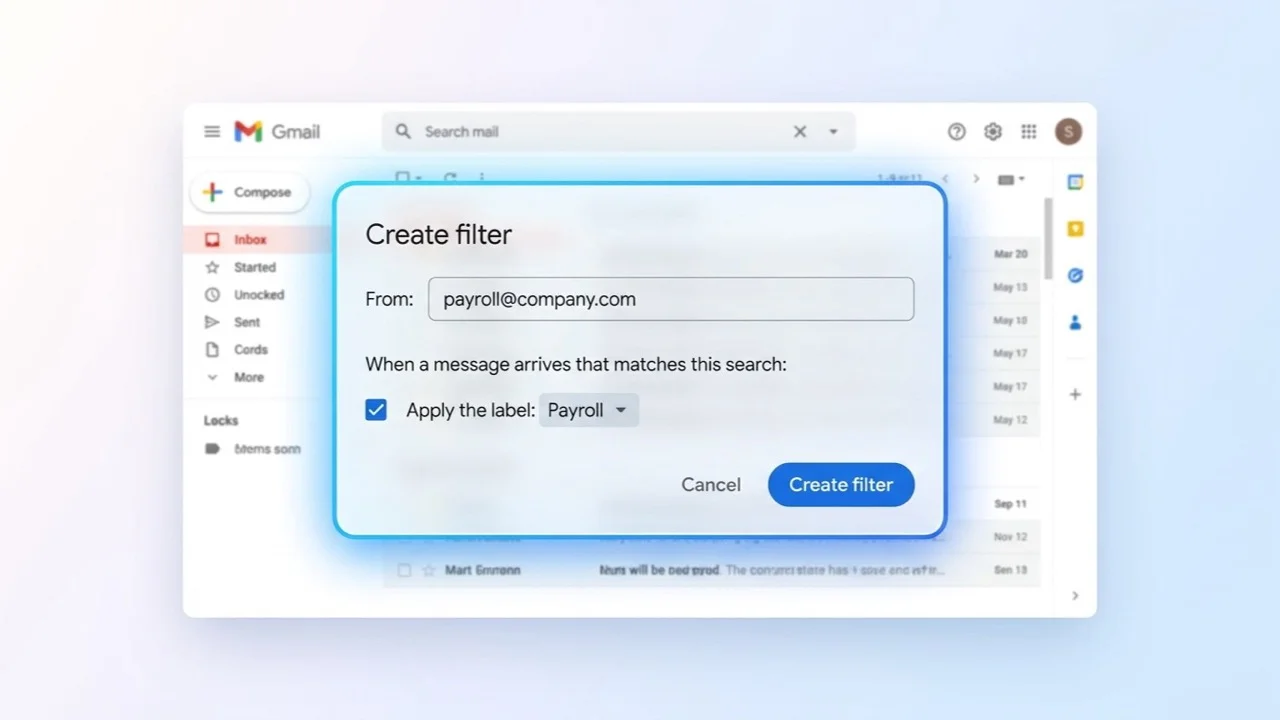 Gmail filter dialog applying a label automatically to incoming mail