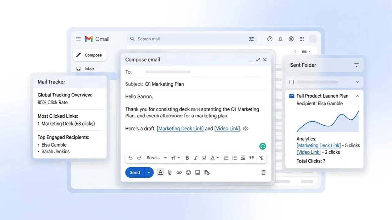Gmail compose and Sent folder showing link click analytics per recipient