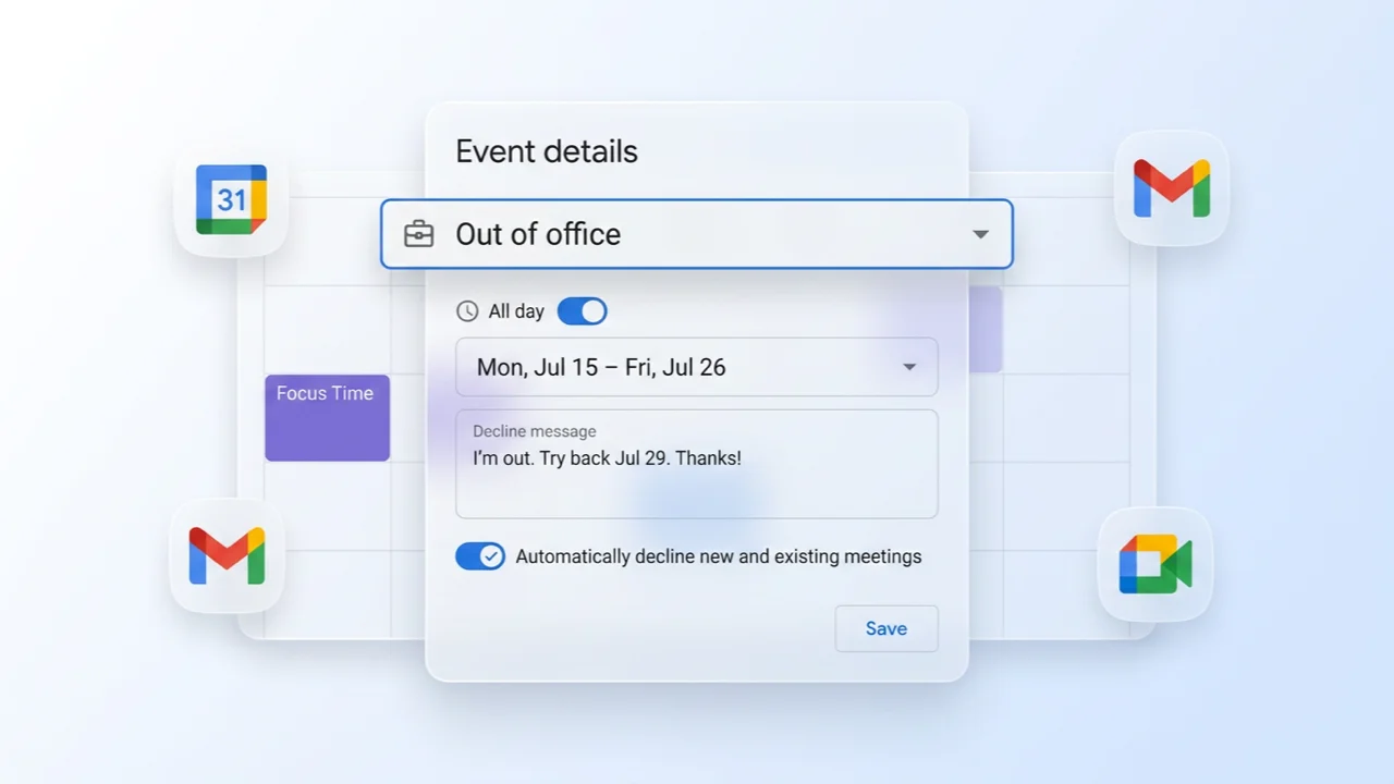 Google Calendar Out of Office event with auto-decline and custom message