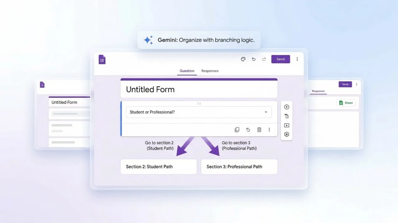 Google Forms editor with branching sections for student and professional paths