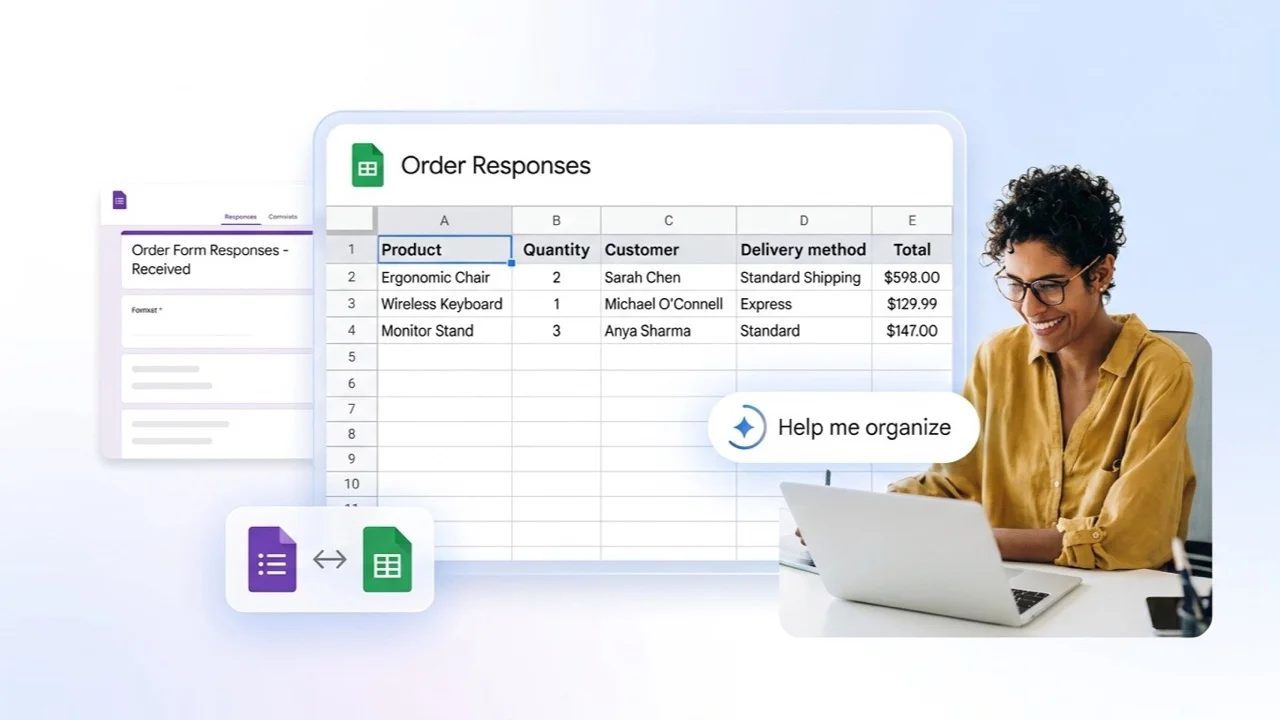 Google Sheets spreadsheet collecting order form responses with product and quantity columns