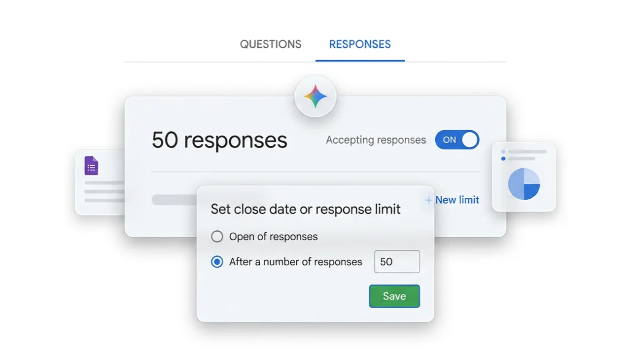 Google Forms Responses tab with response limit set to 50 submissions
