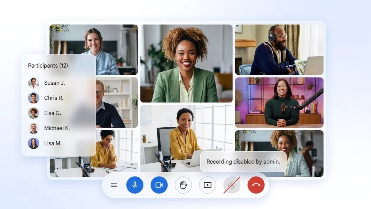 Google Meet call with the Record button greyed out in the toolbar