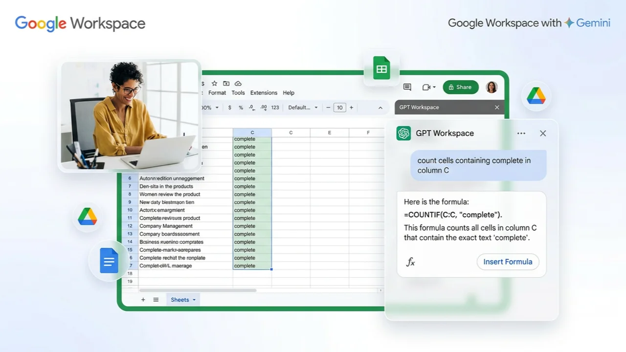 GPT Workspace sidebar generating a Google Sheets formula from plain English