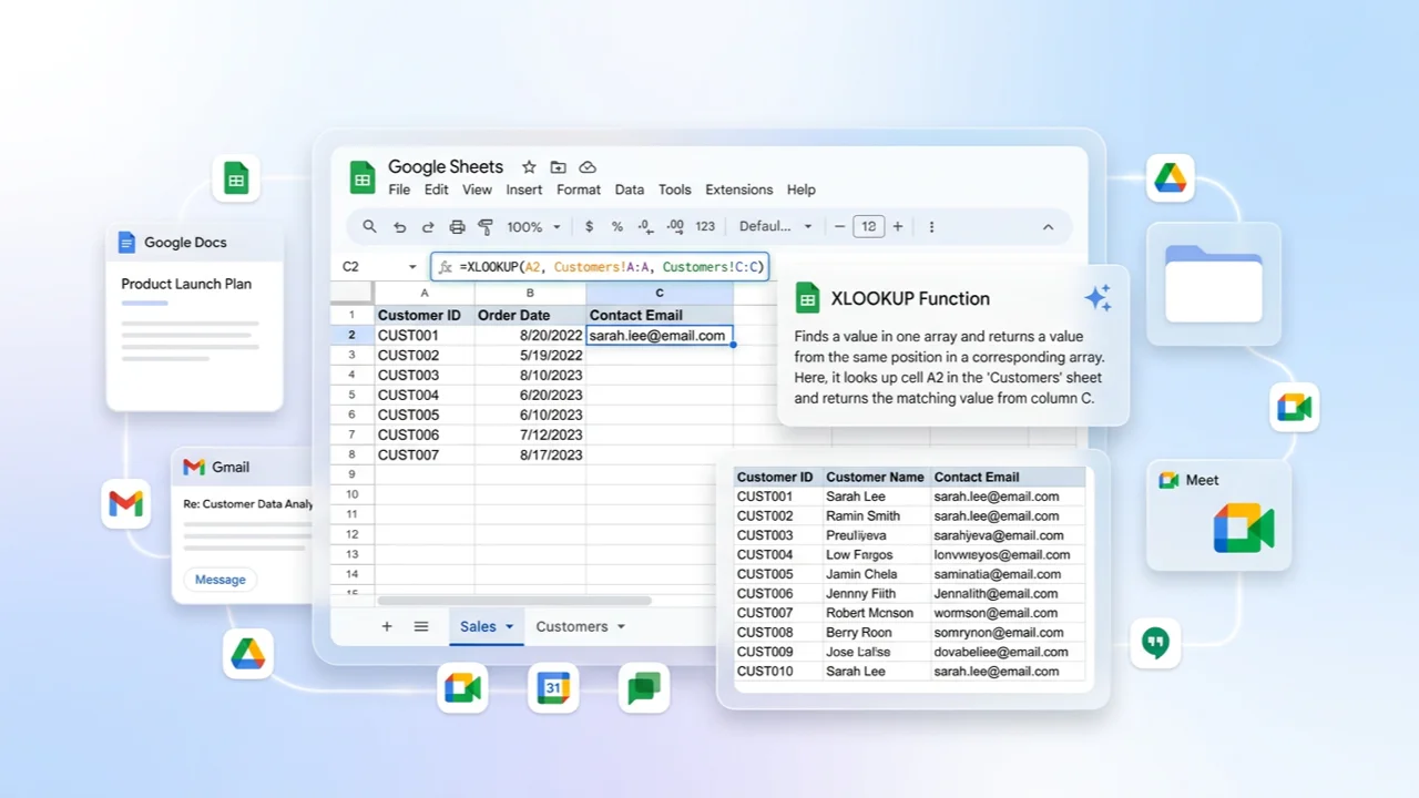 Google Sheets XLOOKUP formula looking up customer email from a database sheet
