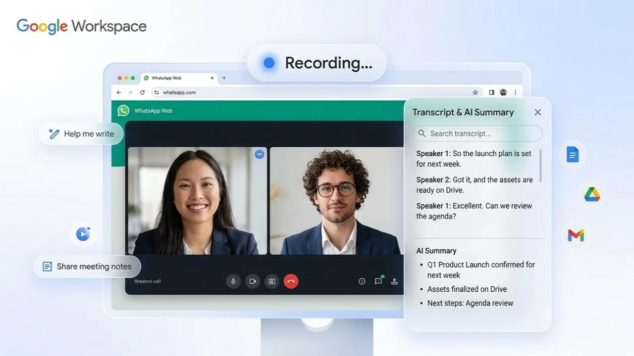 WhatsApp Web call in Chrome with Record Meeting extension and transcript panel