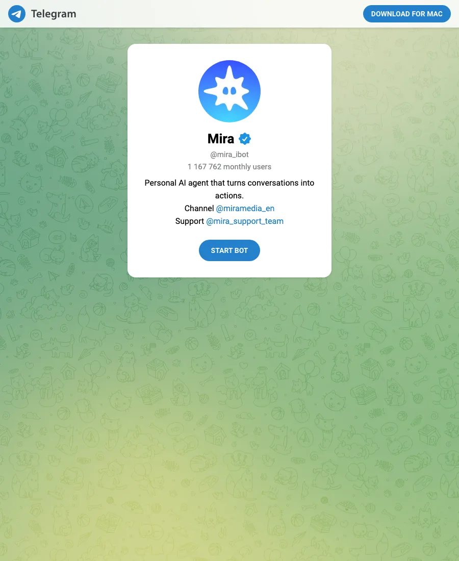 Mira AI Telegram bot profile, @mira_ibot