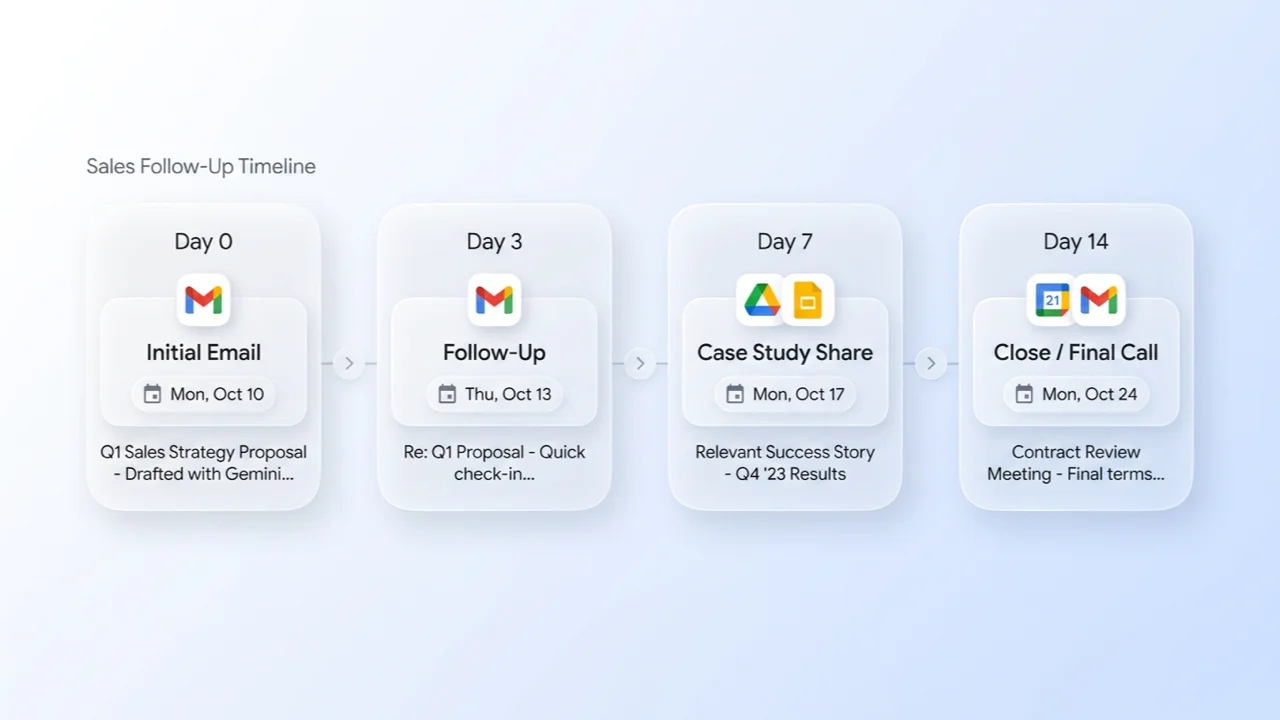 Sales email follow-up timeline showing touchpoints on Day 0, 3, 7, and 14