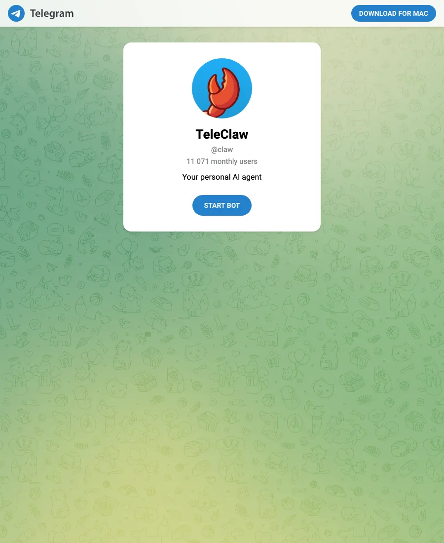 TeleClaw Telegram bot profile, @claw main screen