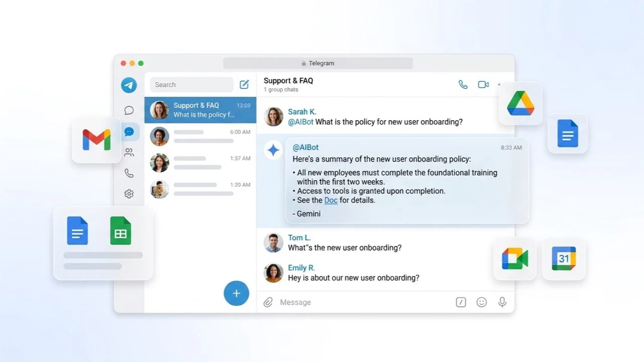 Telegram-gruppchatt där medlemmar nämner en AI-bot för ett FAQ-svar