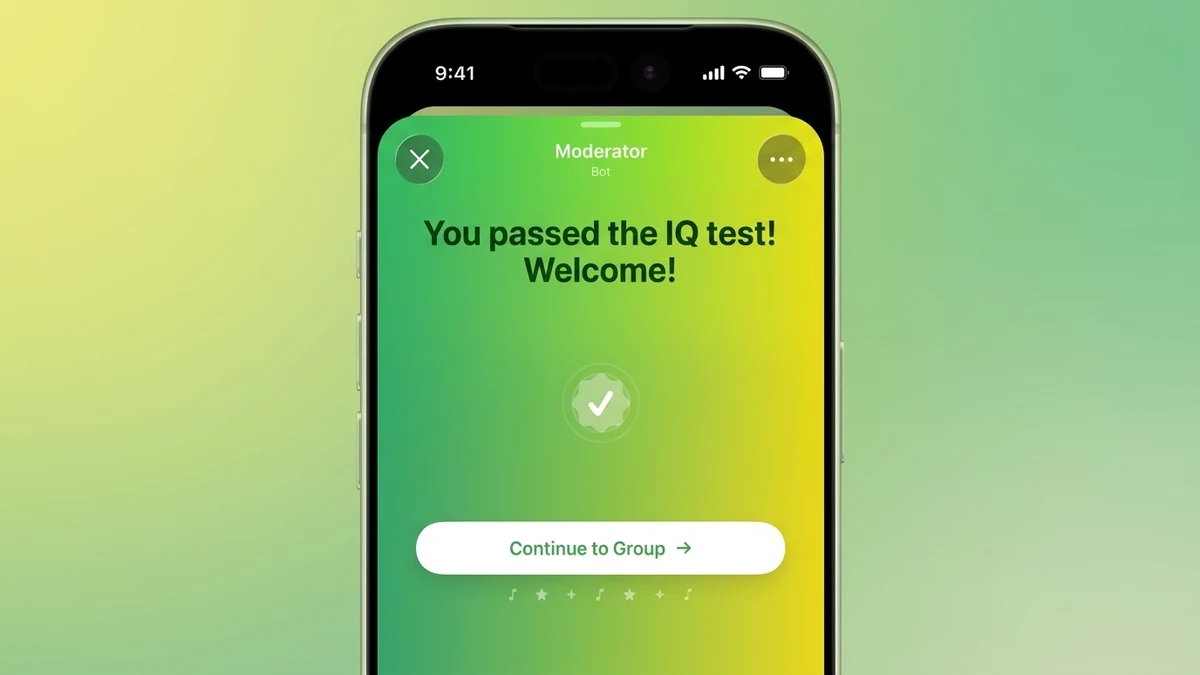 Telegram Guardian bot mini-app showing a passed IQ quiz before group admission