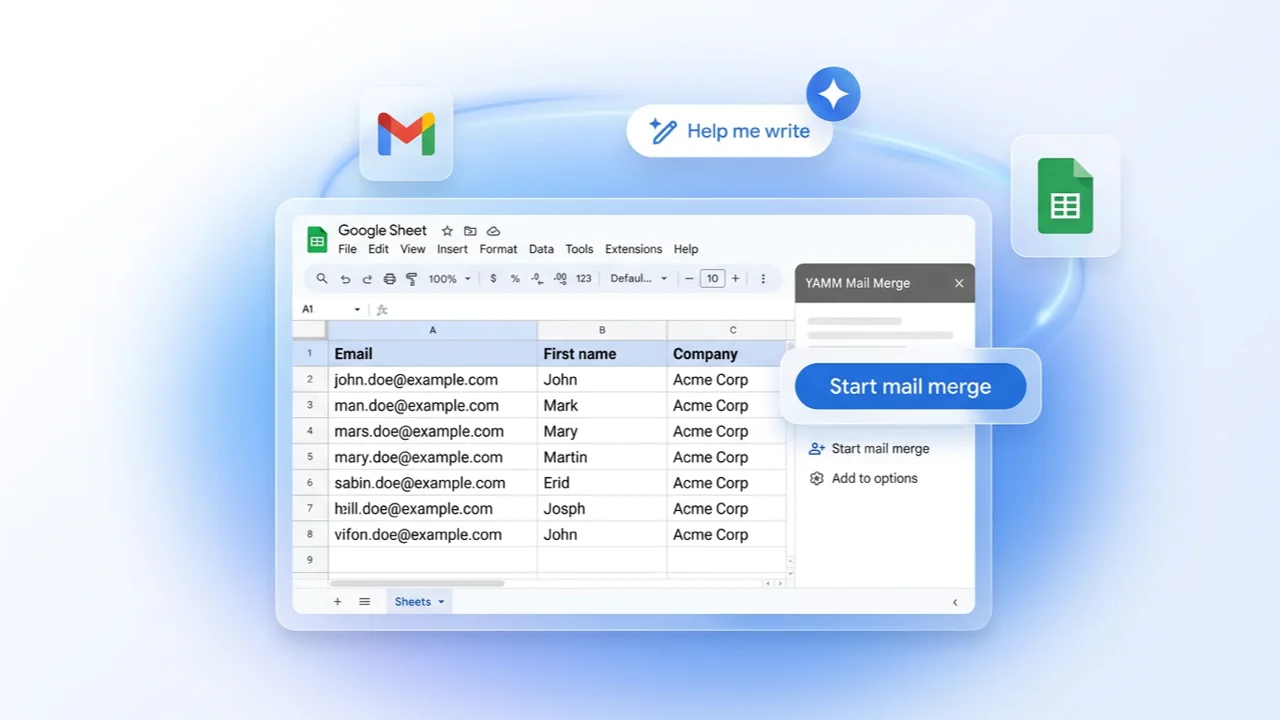 Google Sheets mail merge workflow with YAMM sidebar and contact columns