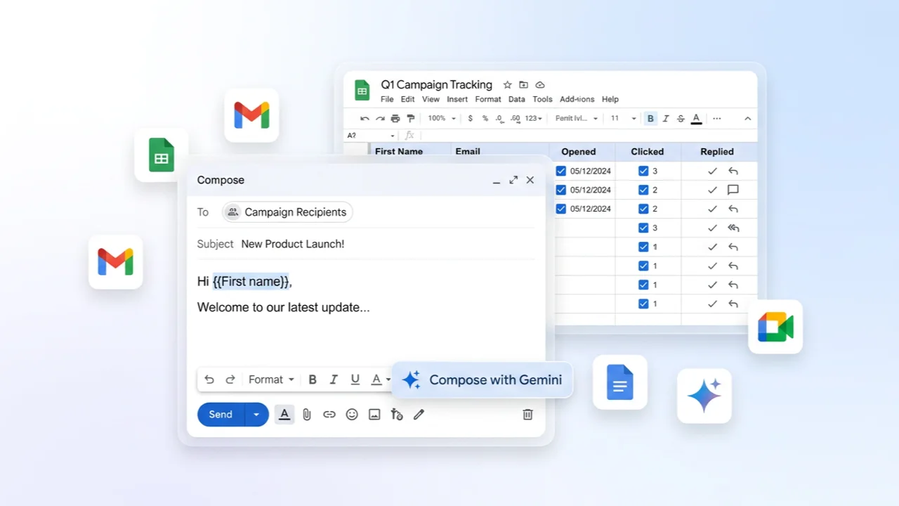Gmail compose with merge tags and open tracking columns in Google Sheets