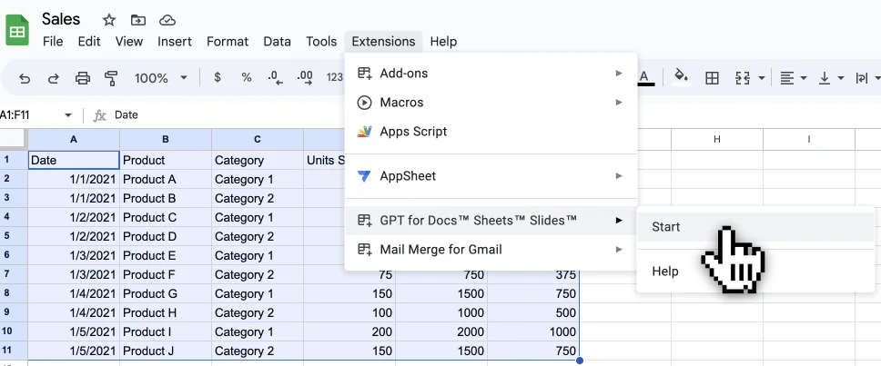 GPT Workspace in Google Sheets screenshot