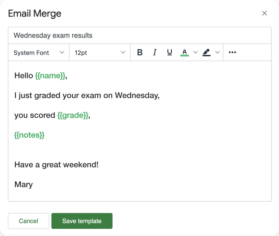 Mail Merge screenshot showing personalized email campaign